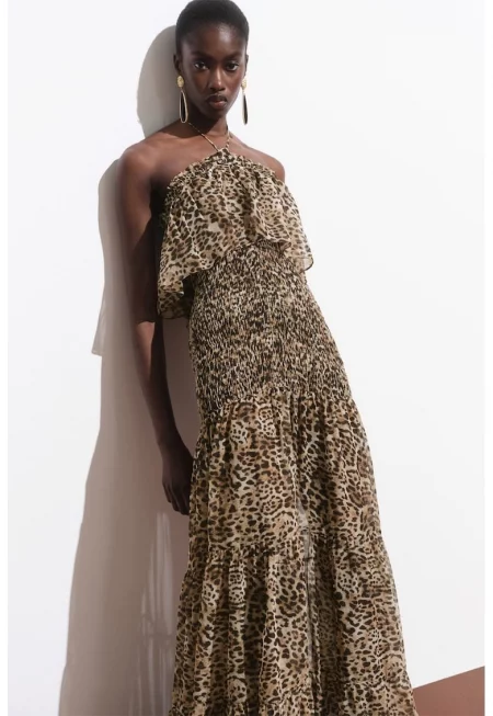 Дълга рокля с животински принт - Черен/Кафяв