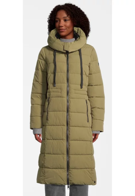 Дълго капитонирано яке с качулка - Маслинено зелено