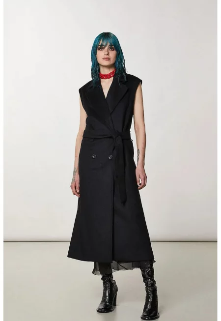 Дълго палто без ръкави с колан на талията - Черен