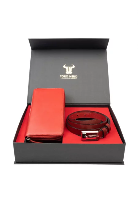 Дамски портфейл и комплект колан естествена кожа червен Gina-Slim