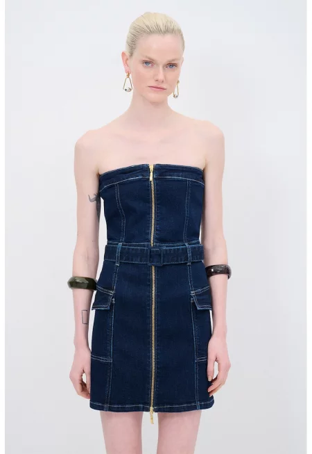 Дънкова къса рокля с колан - Тъмносин