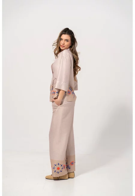 Десенирана риза Brigita с паднали ръкави - Светлокафяв