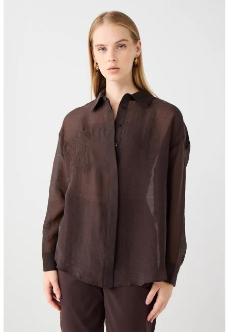 Ефирна риза с бродерии - Кафяв