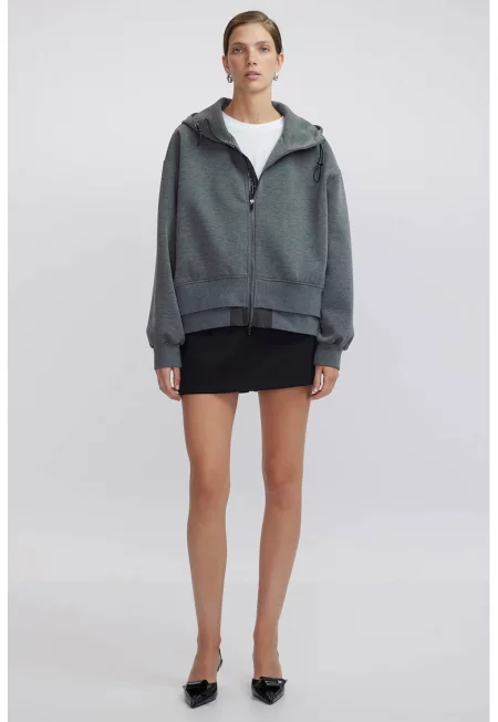 Худи с цип - Меланж тъмно сиво