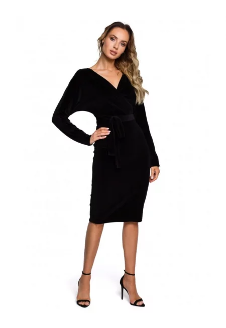 Кадифена рокля с горна част и колан - черна