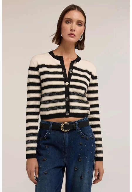 Къс раиран пуловер - Слонова кост/Черен