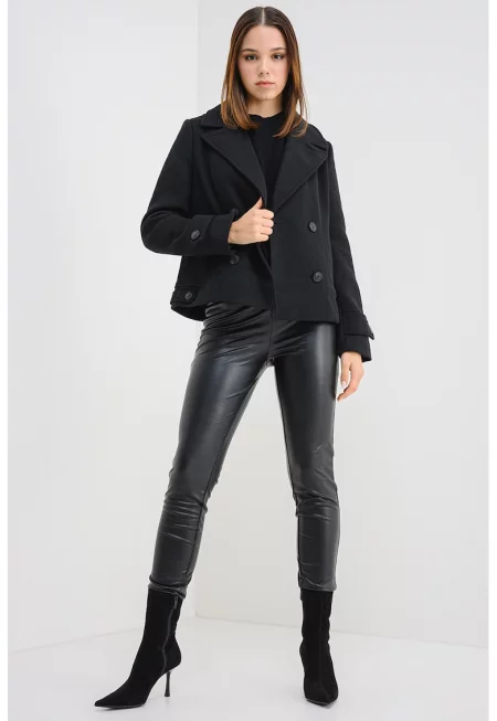 Къс тренч с вълна - Черен