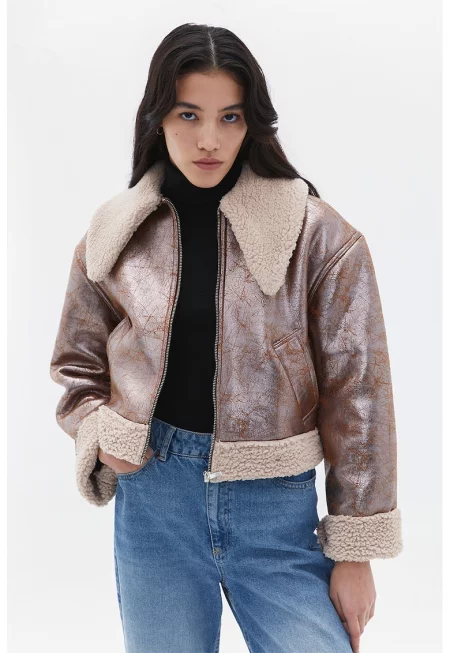 Късо палто с цип - Карамел/Крем/Сребрист