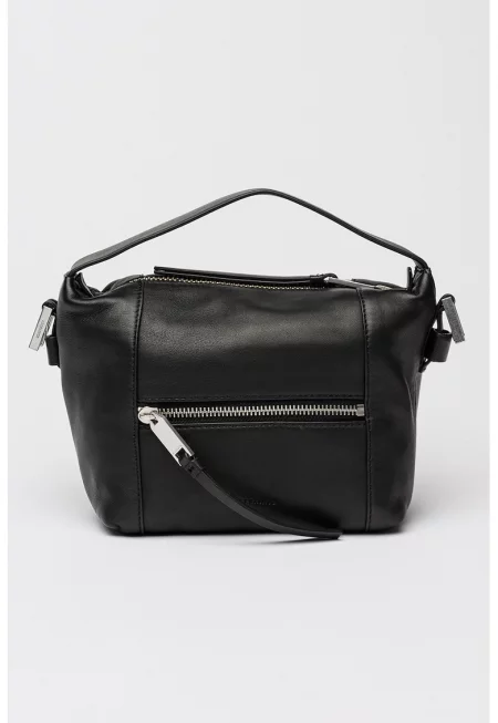Кожена чанта през рамо Vega с отделяща се презрамка с капси - Черен
