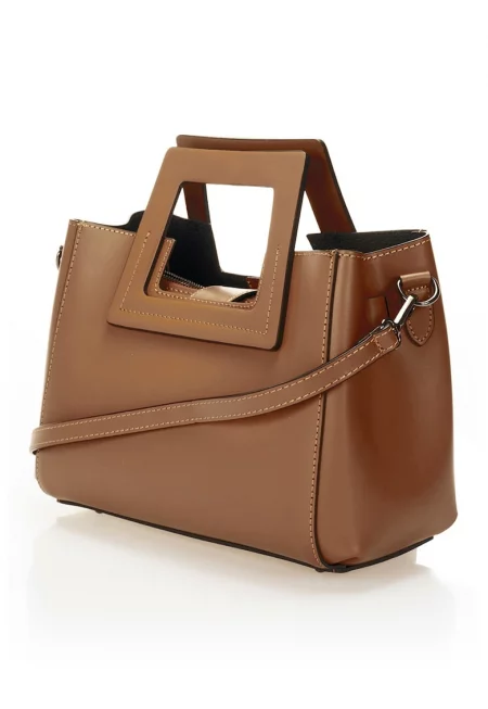 Кожена чанта с отделяща се презрамка - Карамел