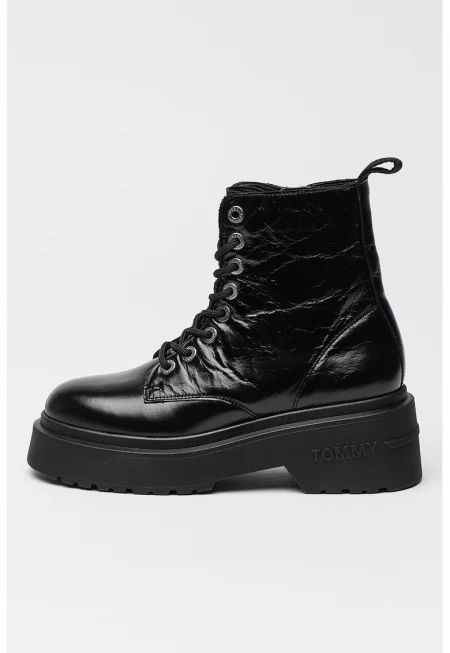 Кожени боти с равна платформа - Черен