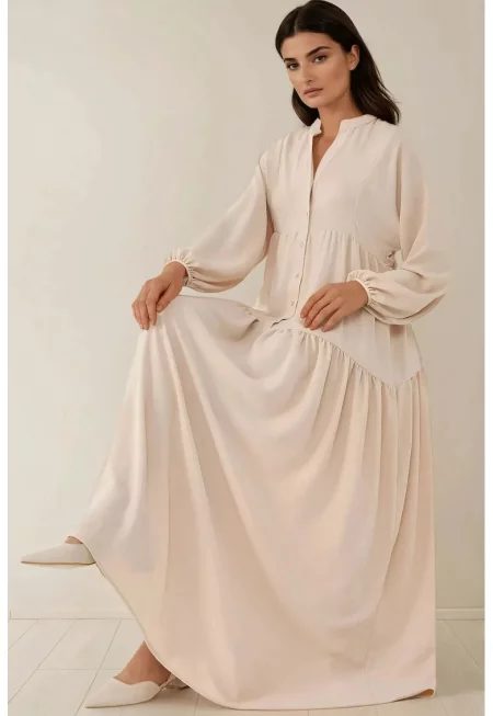 Макси рокля -  текстурирана - V-образно деколте - бежова - текстил