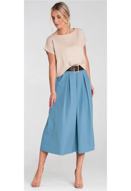 Миди пола  синя - висока талия - декоративен колан - разкроена - с джобове - размер SM