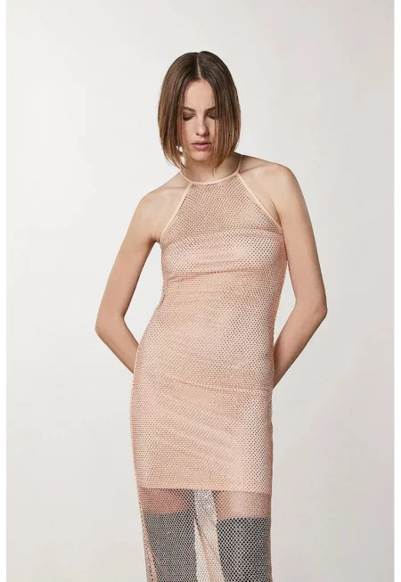 Миди рокля от мрежа с камъни и съчетана долна рокля - Бежов