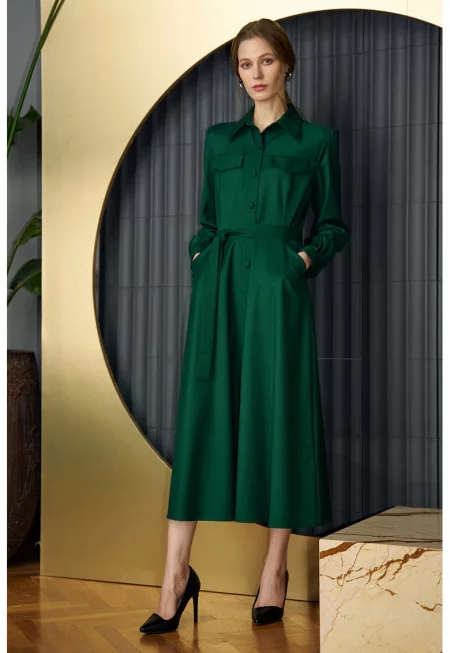 Миди рокля тип риза с джобове - Зелен