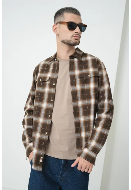 Памучна риза с каре и джобове - Кафяв/Бежов/Мръснобял