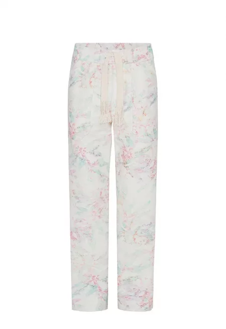 -Панталон с прав крачол и връзка на талията - Бял