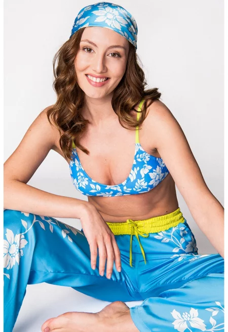 Панталон с висока талия и връзка - Бял/Светлосин