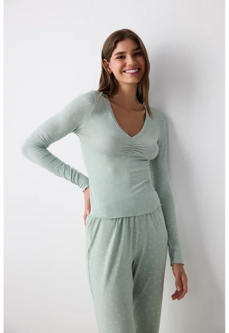 Пижамена слим блуза - Бледозелен