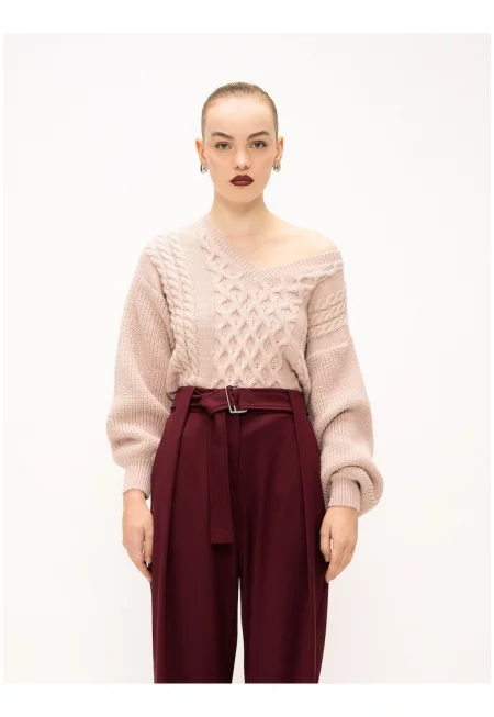 Плетен пуловер с вълна - Бледо розово