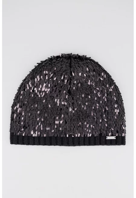 Плетена шапка с вълна и пайети - Черен