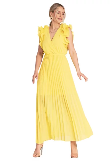 Плисирана макси рокля -  жълта - ръкави с волани - вискоза/еластан/полиестер - SM