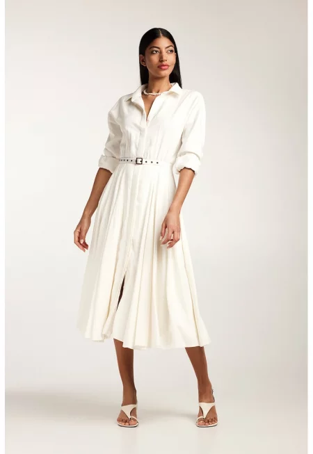 Плисирана рокля-риза с колан - Мръснобял