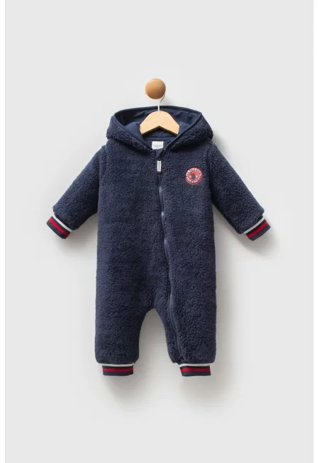 Плюшен гащеризон с качулка и лого - Тъмносин