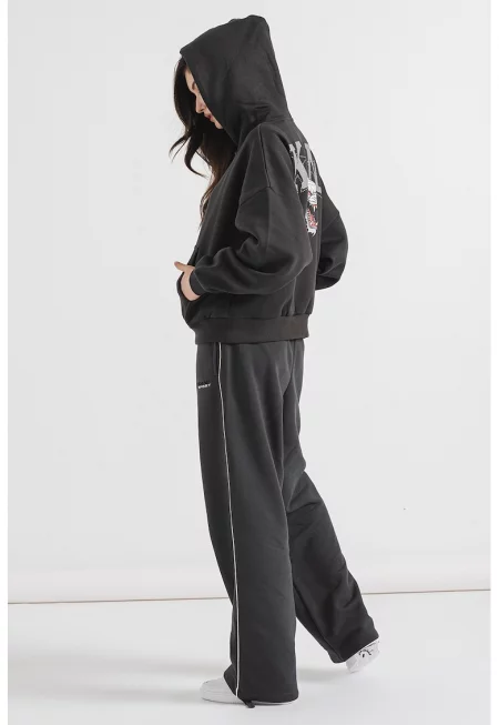 Поларено худи с графика на гърба - Черен