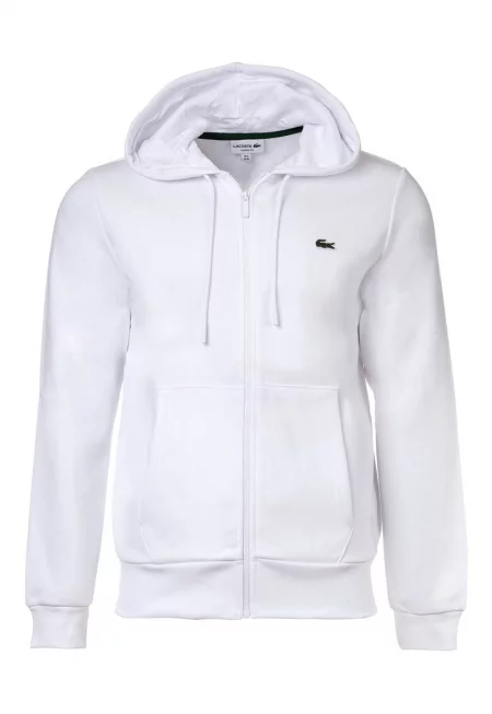 Поларено худи с цип и скосени джобове - Бял