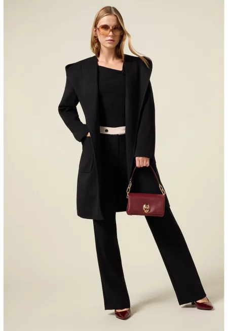 Прав панталон с контрастна талия - Черен