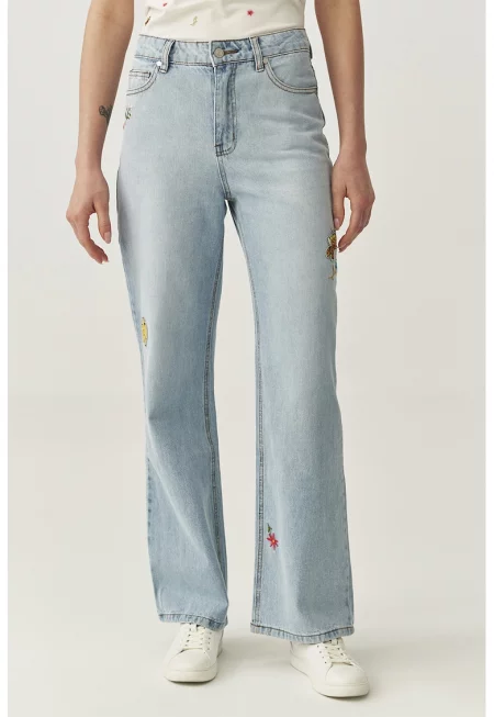 Прави дънки с апликации - Светлосин