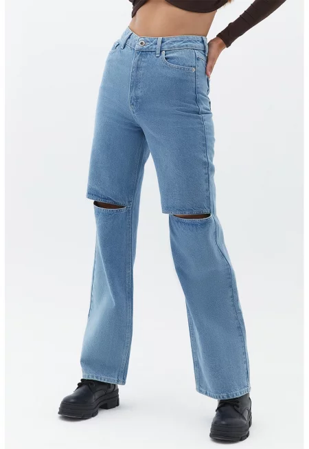 Прави дънки с висока талия и отвори на коленете - Син