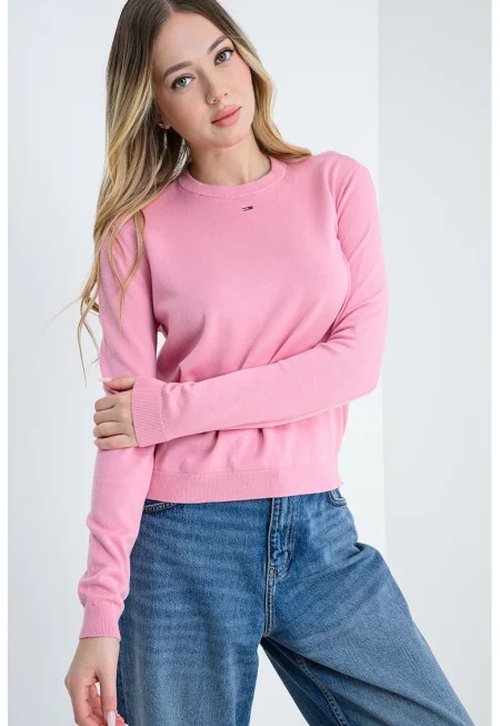Пуловер от органичен памук с овално деколте - Розово