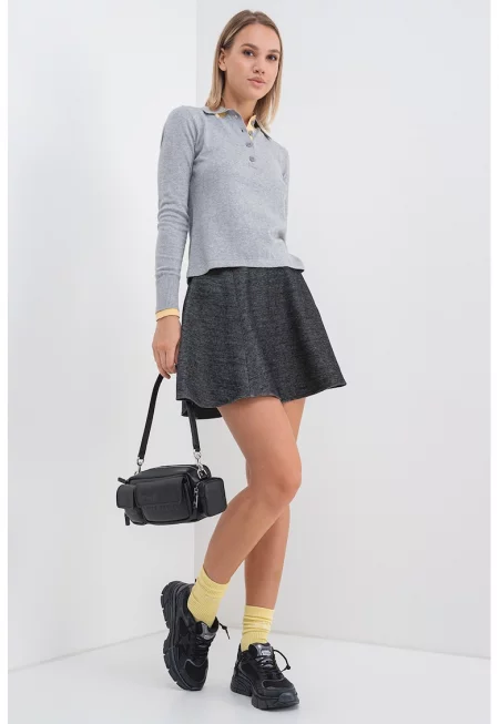 Пуловер с кашмир и остра яка - Сив меланж