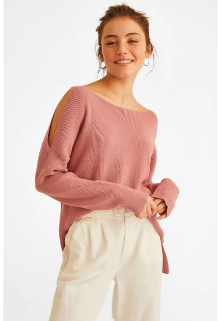 Пуловер с отвори на раменете - Розово