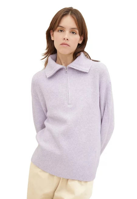 Пуловер с яка и къс цип - Лилав