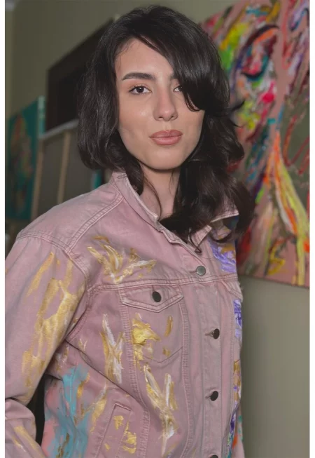 Ръчно рисувано яке от деним - Виолетов/Светлорозов