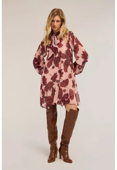 Разкроена флорална рокля - Черен/Тъмночервен/Бледо розово