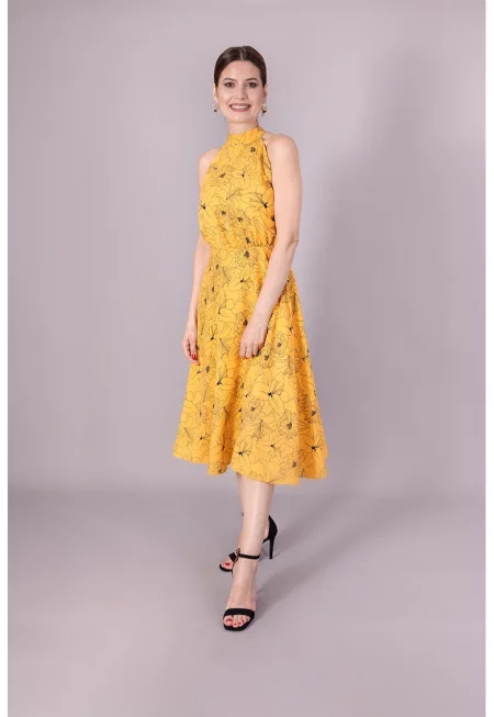 Разкроена флорална рокля - Шафраново жълто