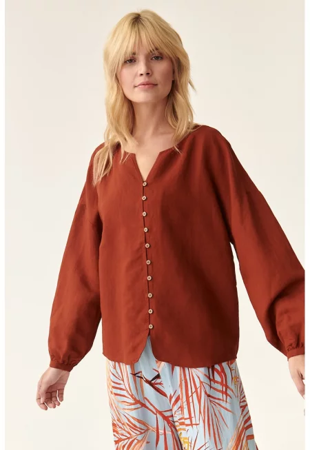 Риза тип туника с лен - Тъмночервен