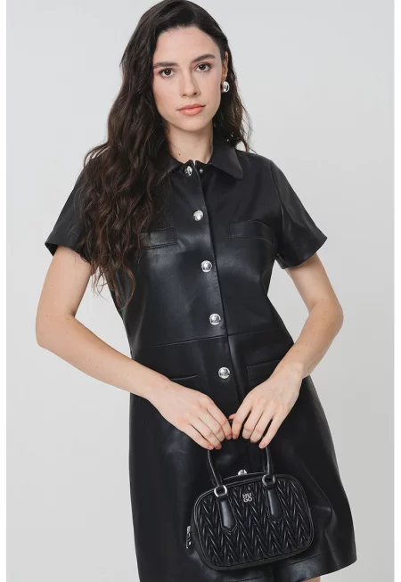 Рокля тип риза от еко кожа - Черен