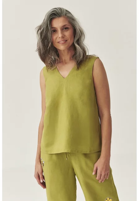 Шпиц блуза с лен - Зелен