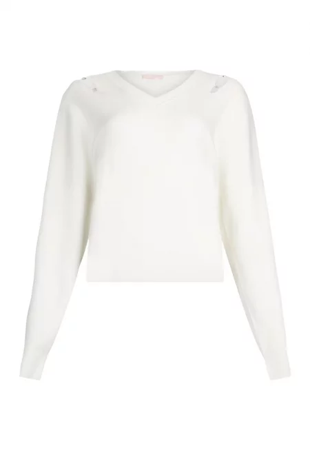 Шпиц пуловер с камъни - Бял