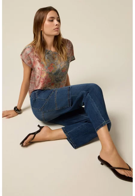 Скъсени дънки с верижка - Син меланж