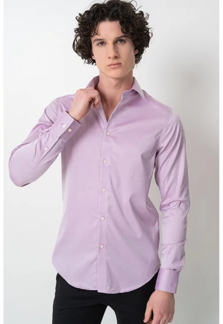 Слим риза с памук - Малина/Мръснобял