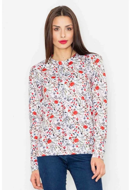 Суитшърт  с флорални мотиви - бял - полиестер - без качулка