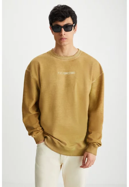 Суитшърт с памук с овално деколте - Светлокафяв