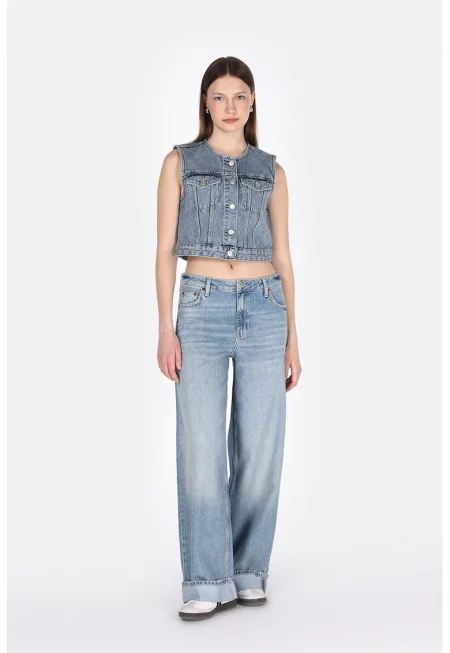 Свободни дънки с миди талия - Светлосин меланж