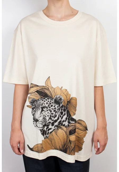 Тениска от органичен памук с щампа - Сив/Крем